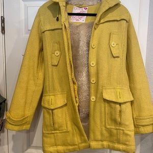 Yellow Corduroy hooded Peacoat, fully faux fur lined (medium)